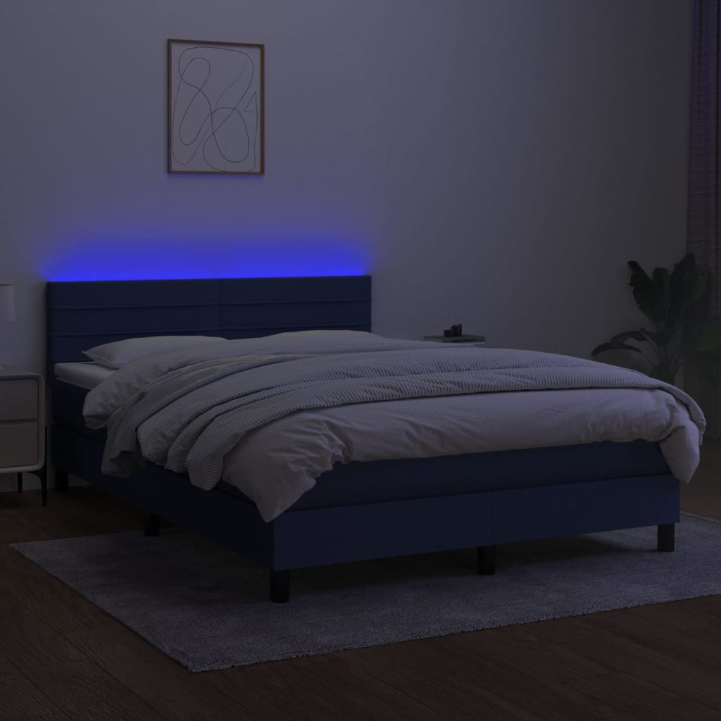 vidaXL Cama box spring colchón y luces LED tela azul 140x200 cm