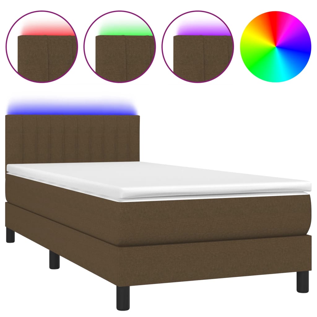 vidaXL Cama box spring colchón y luces LED tela marrón oscuro 80x200cm