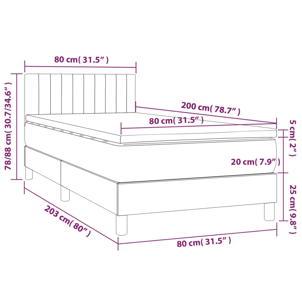 vidaXL Cama box spring colchón y luces LED tela marrón oscuro 80x200cm