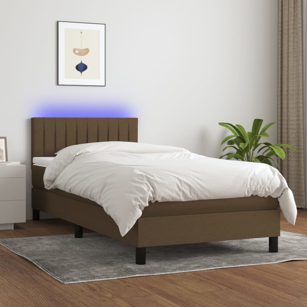 vidaXL Cama box spring colchón y luces LED tela marrón oscuro 80x200cm