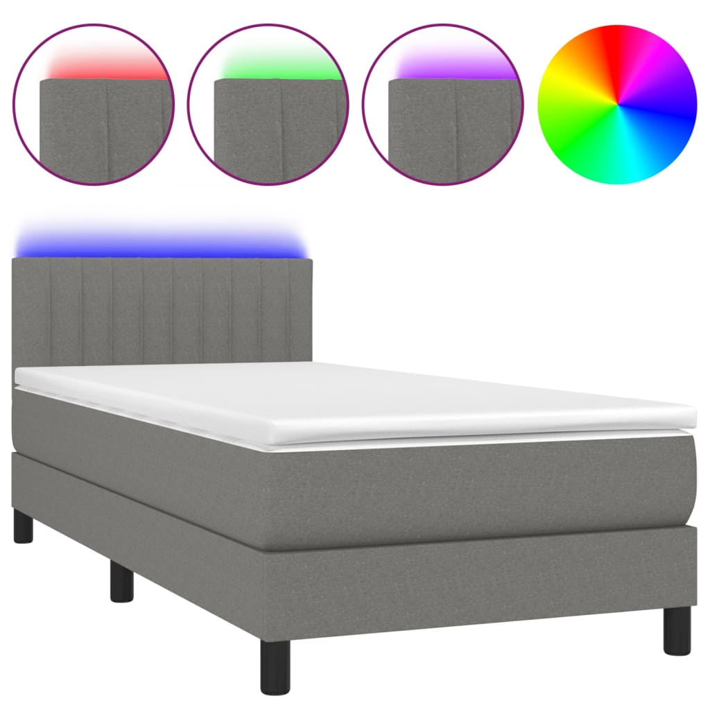 vidaXL Cama box spring colchón y luces LED tela gris oscuro 100x200 cm