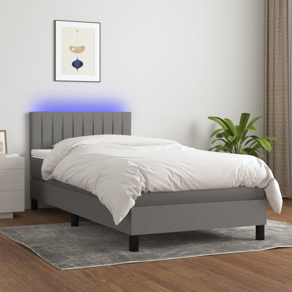 vidaXL Cama box spring colchón y luces LED tela gris oscuro 100x200 cm