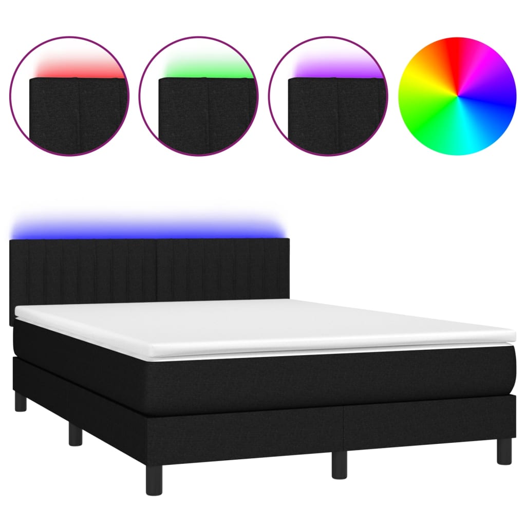 vidaXL Cama box spring colchón y luces LED tela negro 140x190 cm