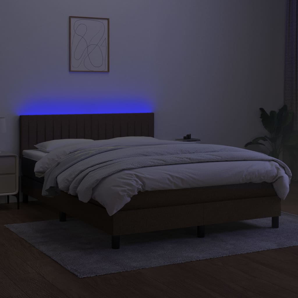 vidaXL Cama box spring colchón luces LED tela marrón oscuro 140x200cm