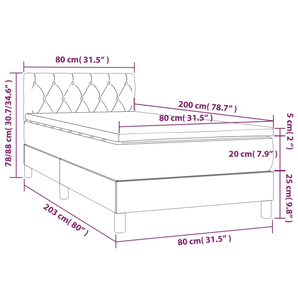 vidaXL Cama box spring colchón y luces LED tela marrón oscuro 80x200cm