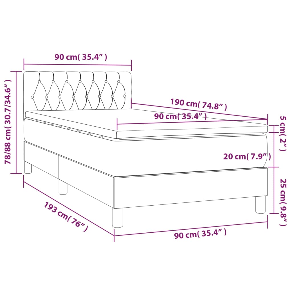 vidaXL Cama box spring colchón y luces LED tela gris claro 90x190 cm