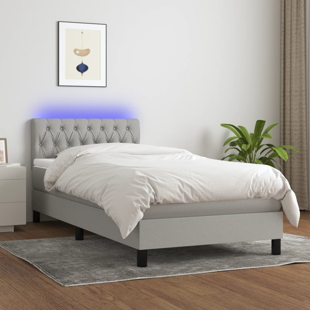 vidaXL Cama box spring colchón y luces LED tela gris claro 90x190 cm