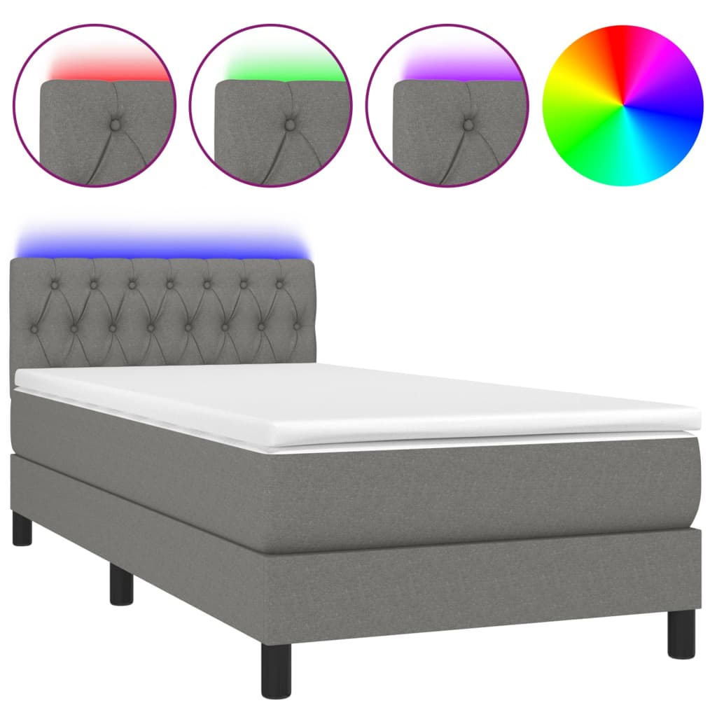 vidaXL Cama box spring colchón y luces LED tela gris oscuro 90x190 cm