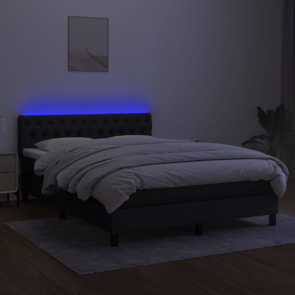 vidaXL Cama box spring colchón y luces LED tela negro 140x190 cm