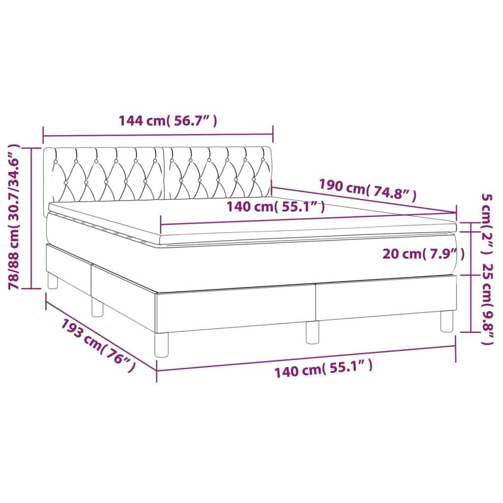 vidaXL Cama box spring colchón y luces LED tela negro 140x190 cm