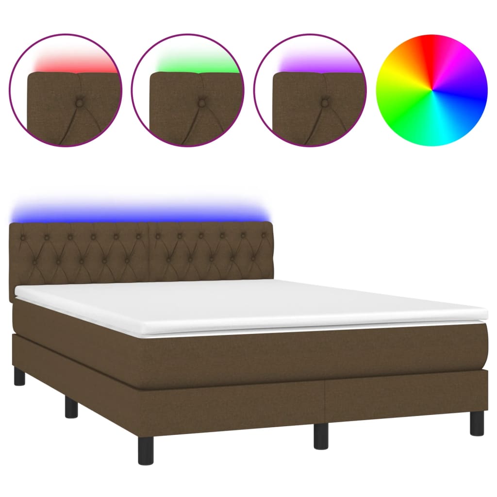 vidaXL Cama box spring colchón luces LED tela marrón oscuro 140x200cm