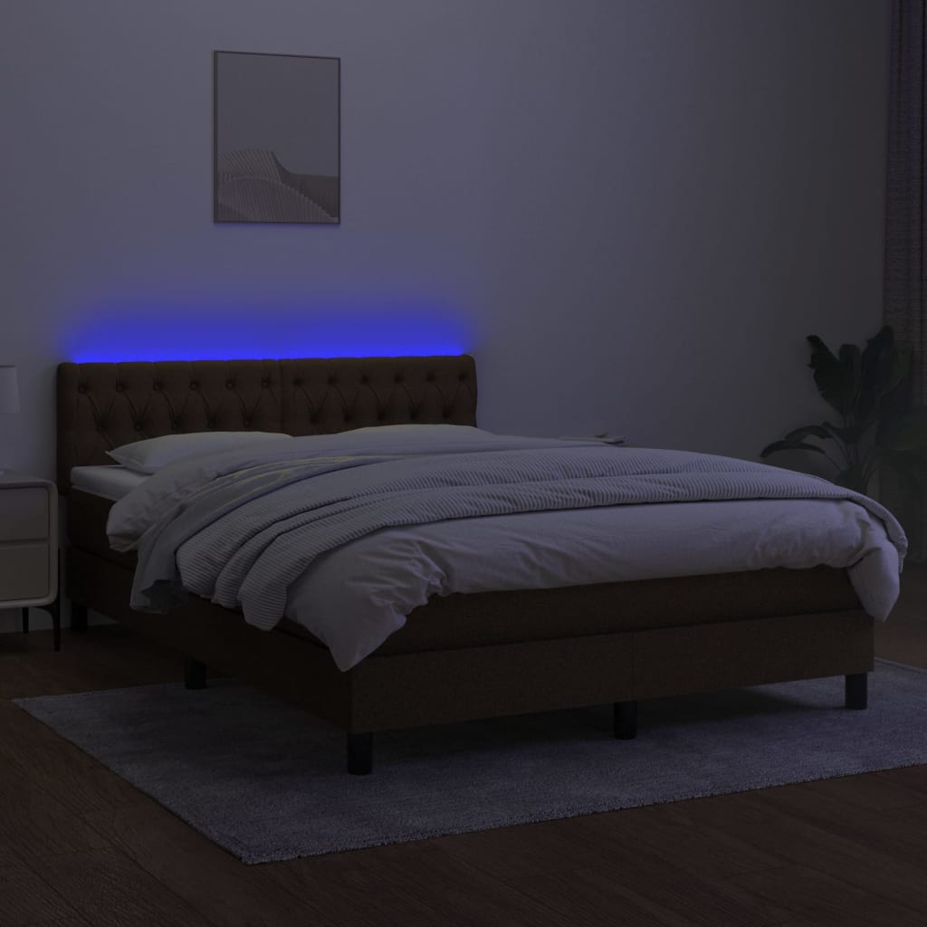 vidaXL Cama box spring colchón luces LED tela marrón oscuro 140x200cm