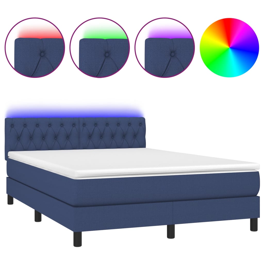 vidaXL Cama box spring colchón y luces LED tela azul 140x200 cm