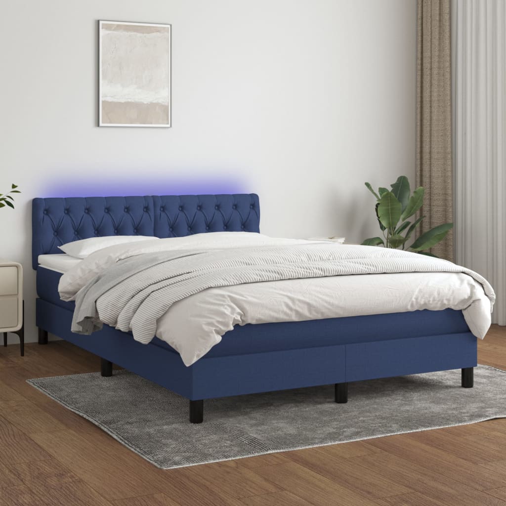 vidaXL Cama box spring colchón y luces LED tela azul 140x200 cm