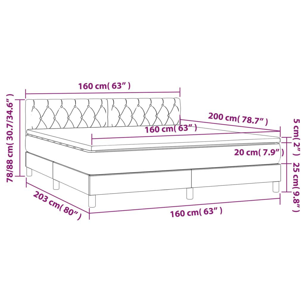 vidaXL Cama box spring colchón y luces LED tela gris claro 160x200 cm