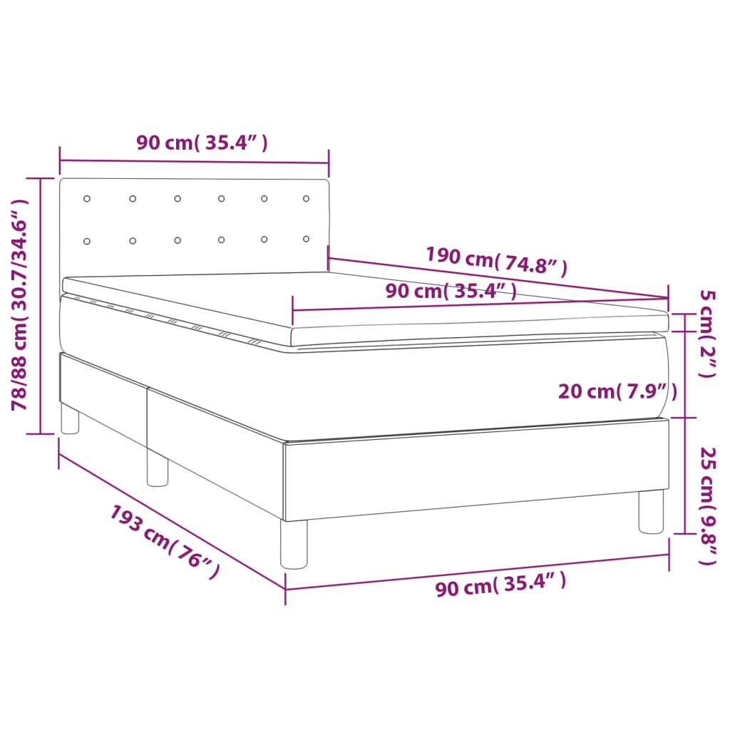 vidaXL Cama box spring colchón y luces LED tela gris claro 90x190 cm