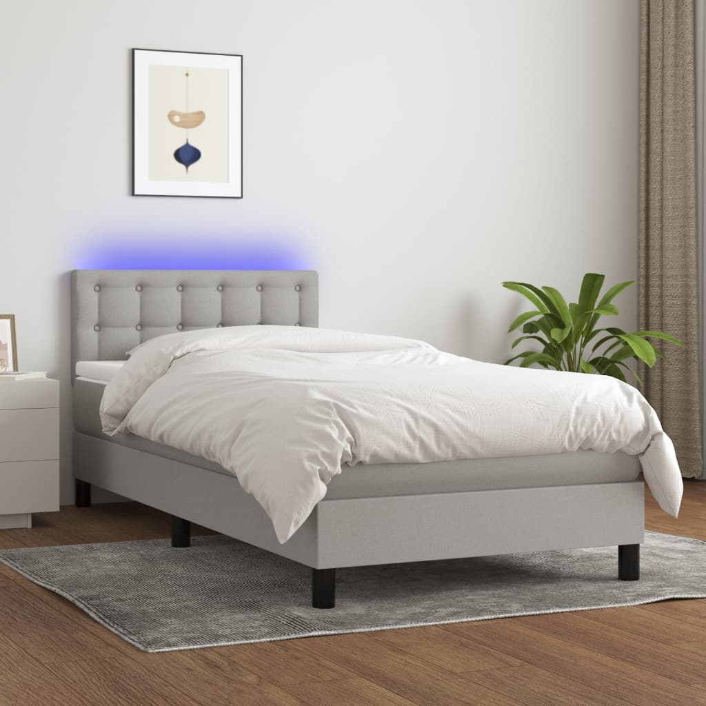 vidaXL Cama box spring colchón y luces LED tela gris claro 90x190 cm