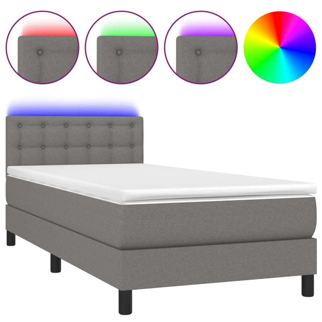 vidaXL Cama box spring colchón y luces LED tela gris oscuro 100x200 cm