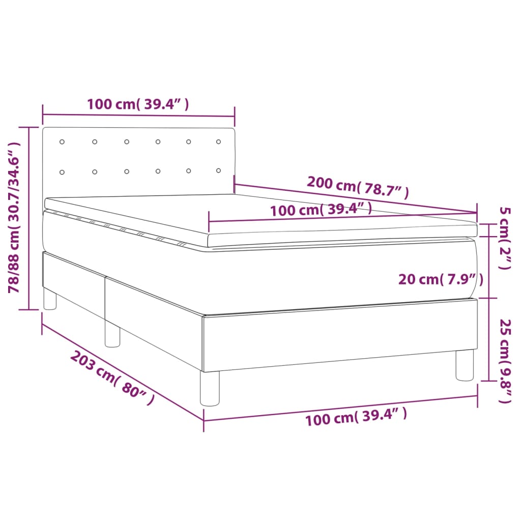 vidaXL Cama box spring colchón y luces LED tela gris oscuro 100x200 cm