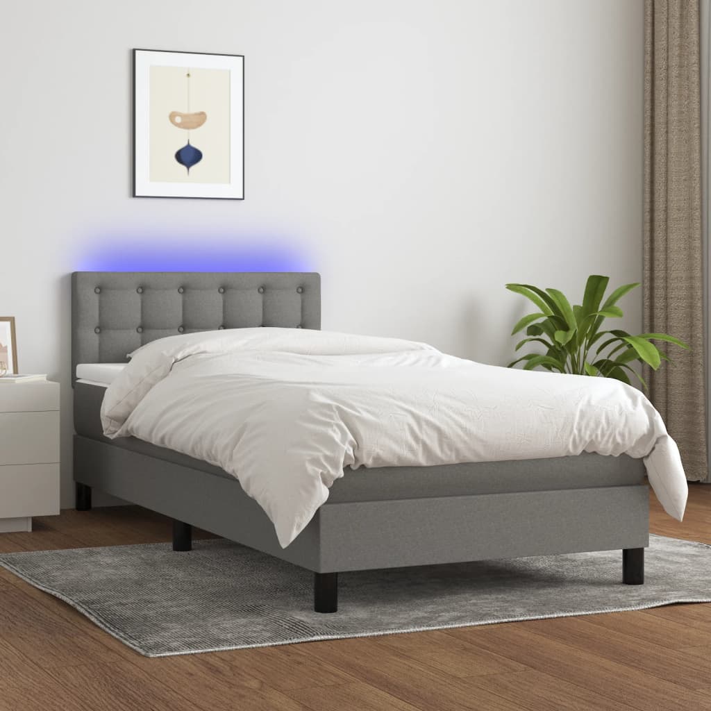 vidaXL Cama box spring colchón y luces LED tela gris oscuro 100x200 cm