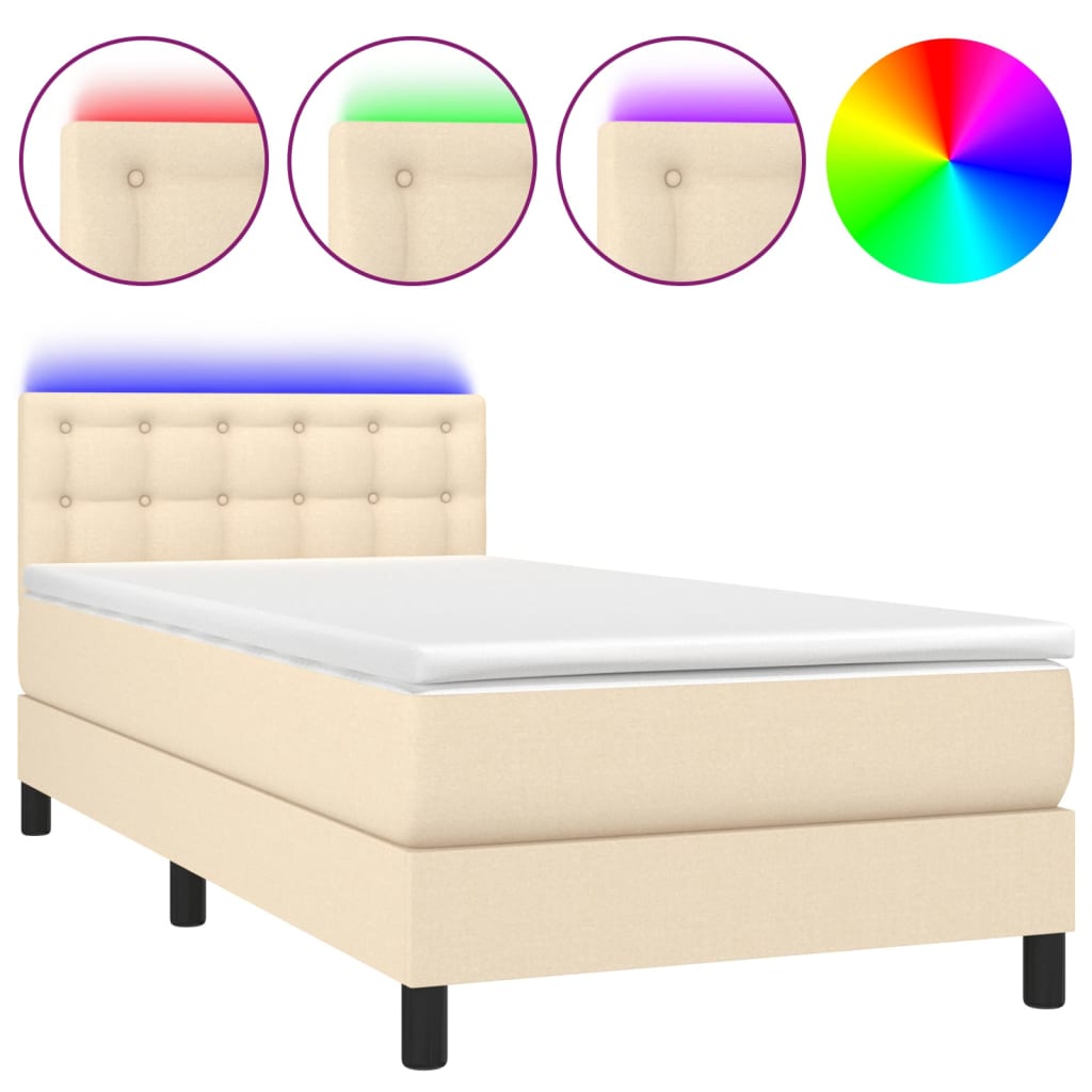 vidaXL Cama box spring colchón y luces LED tela crema 100x200 cm