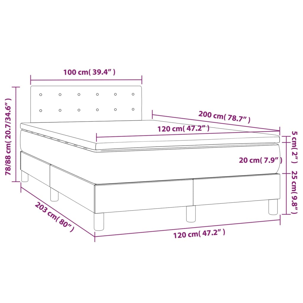 vidaXL Cama box spring con colchón tela y LED gris claro 120x200 cm