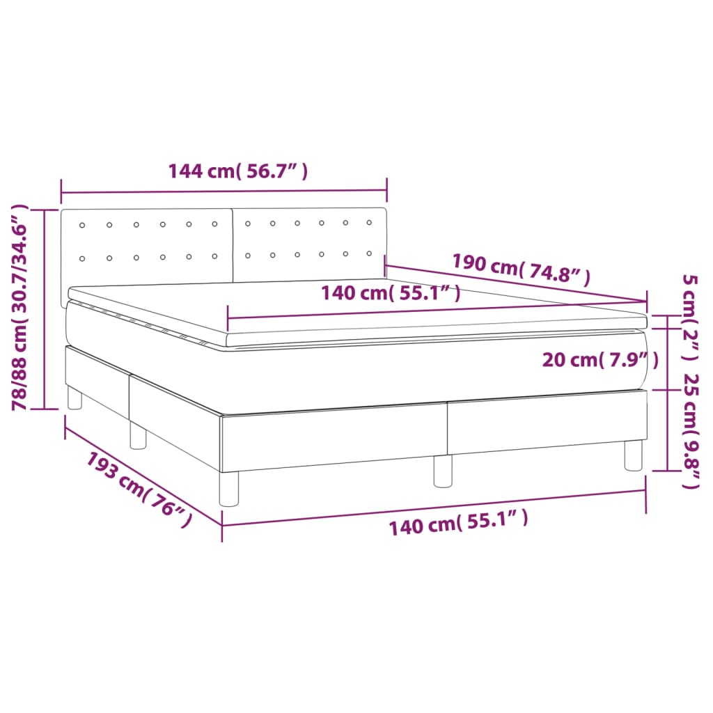 vidaXL Cama box spring colchón y luces LED tela gris claro 140x190 cm