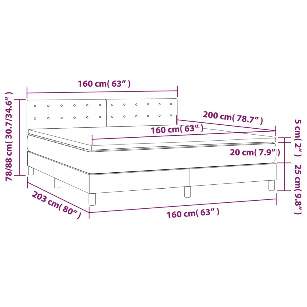 vidaXL Cama box spring colchón y luces LED tela gris oscuro 160x200 cm