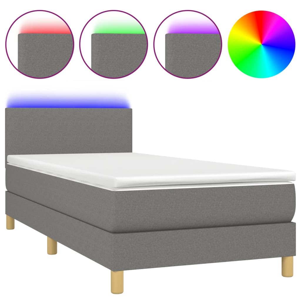 vidaXL Cama box spring colchón y luces LED tela gris oscuro 90x190 cm