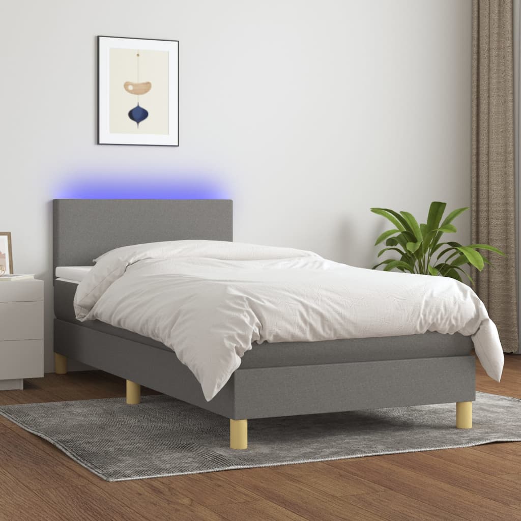 vidaXL Cama box spring colchón y luces LED tela gris oscuro 90x190 cm