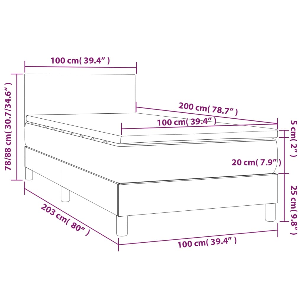 vidaXL Cama box spring colchón y luces LED tela gris oscuro 100x200 cm