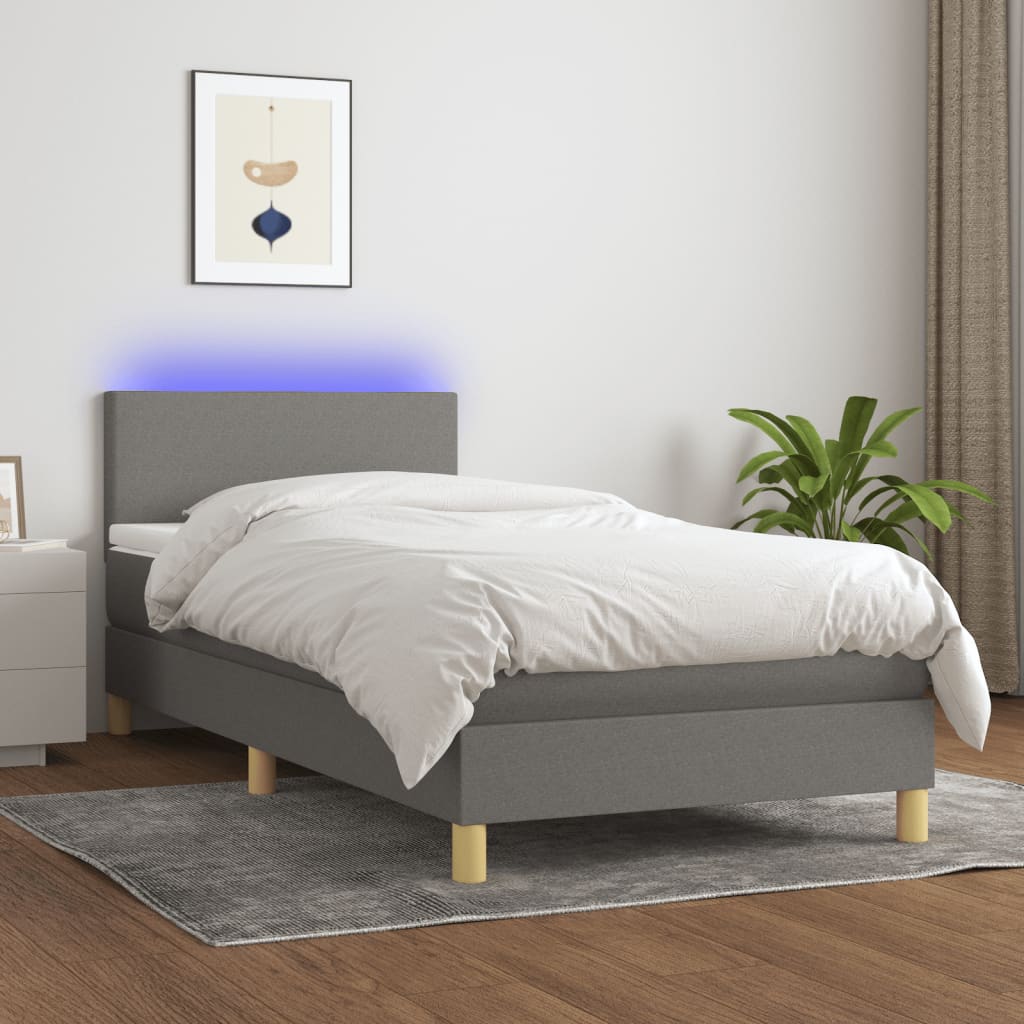 vidaXL Cama box spring colchón y luces LED tela gris oscuro 100x200 cm