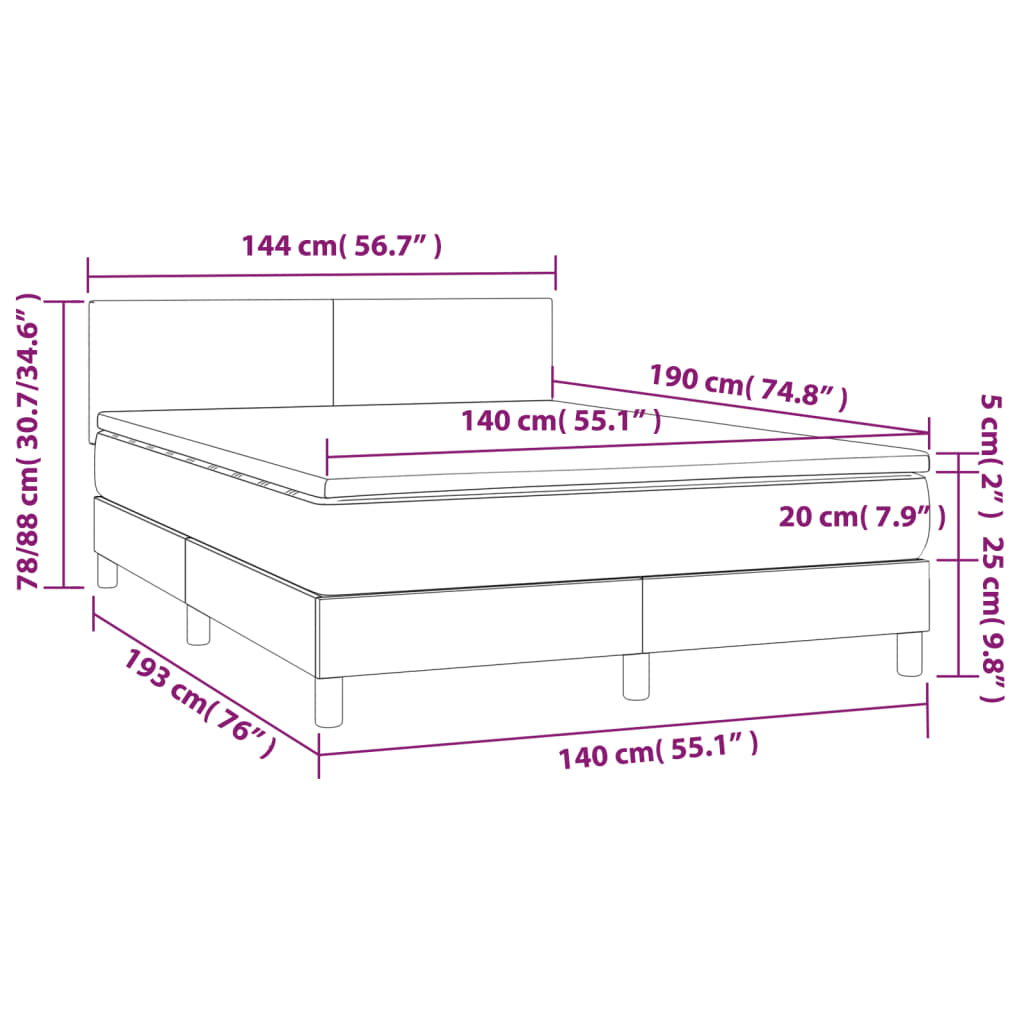 vidaXL Cama box spring colchón luces LED tela marrón oscuro 140x190 cm