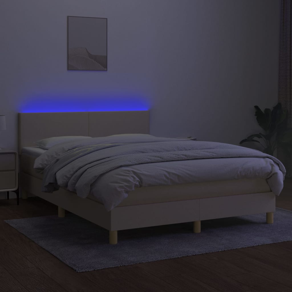 vidaXL Cama box spring con colchón y LED tela crema 140x200 cm