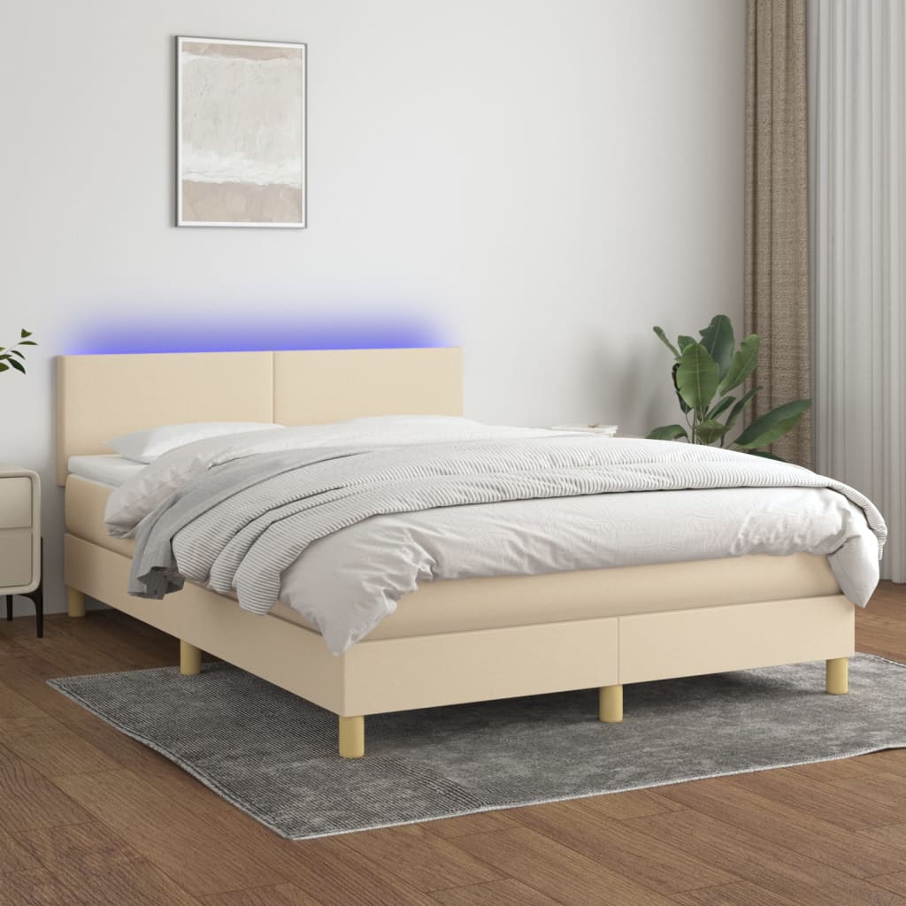 vidaXL Cama box spring con colchón y LED tela crema 140x200 cm