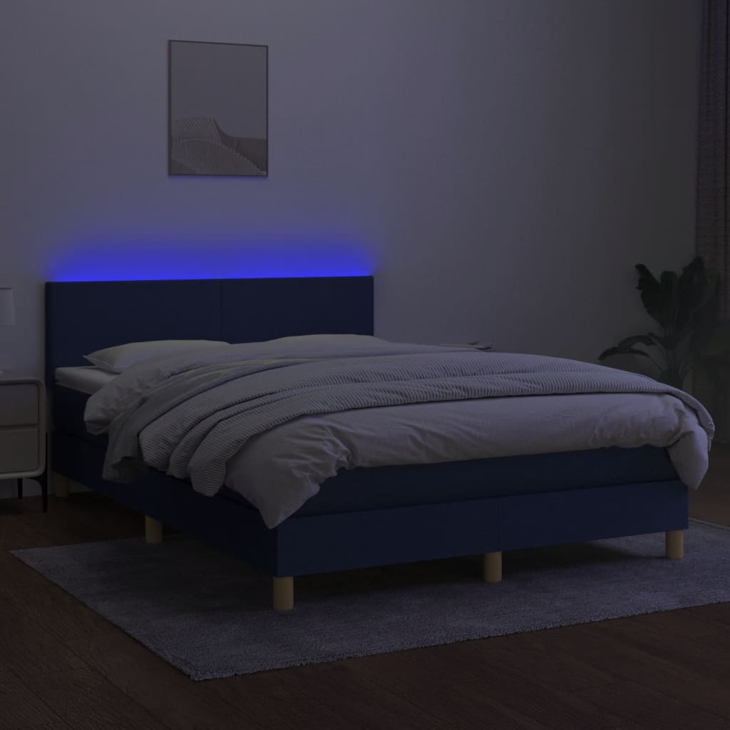 vidaXL Cama box spring con colchón y LED tela azul 140x200 cm