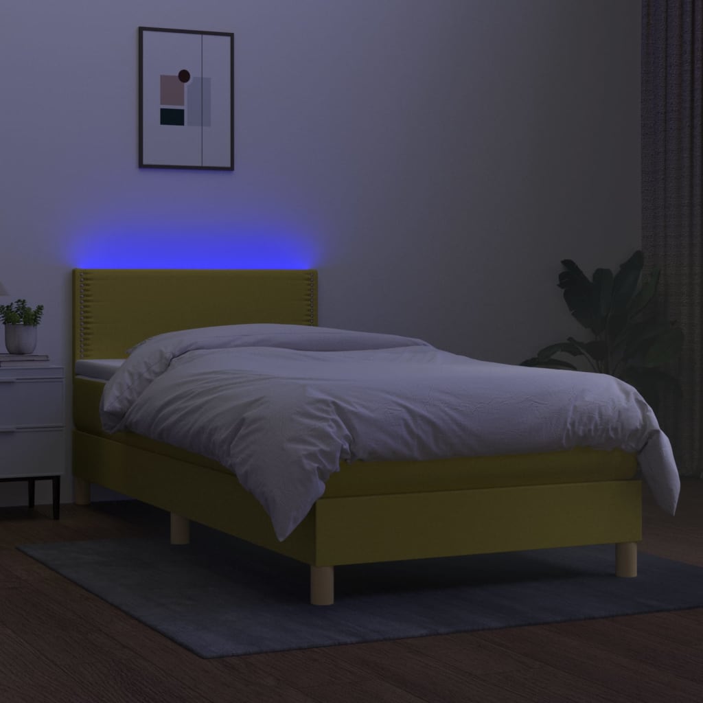 vidaXL Cama box spring con colchón y LED tela verde 100x200 cm