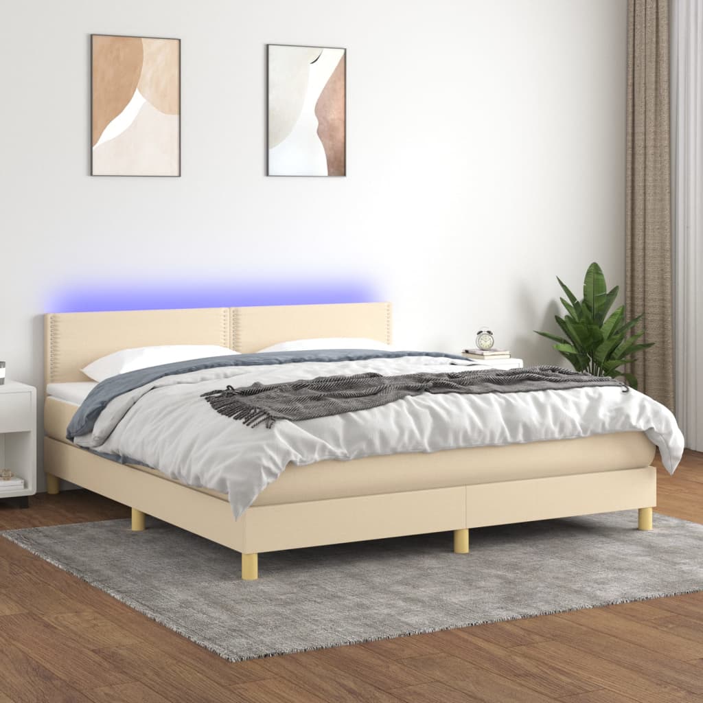 vidaXL Cama box spring con colchón y LED tela crema 160x200 cm