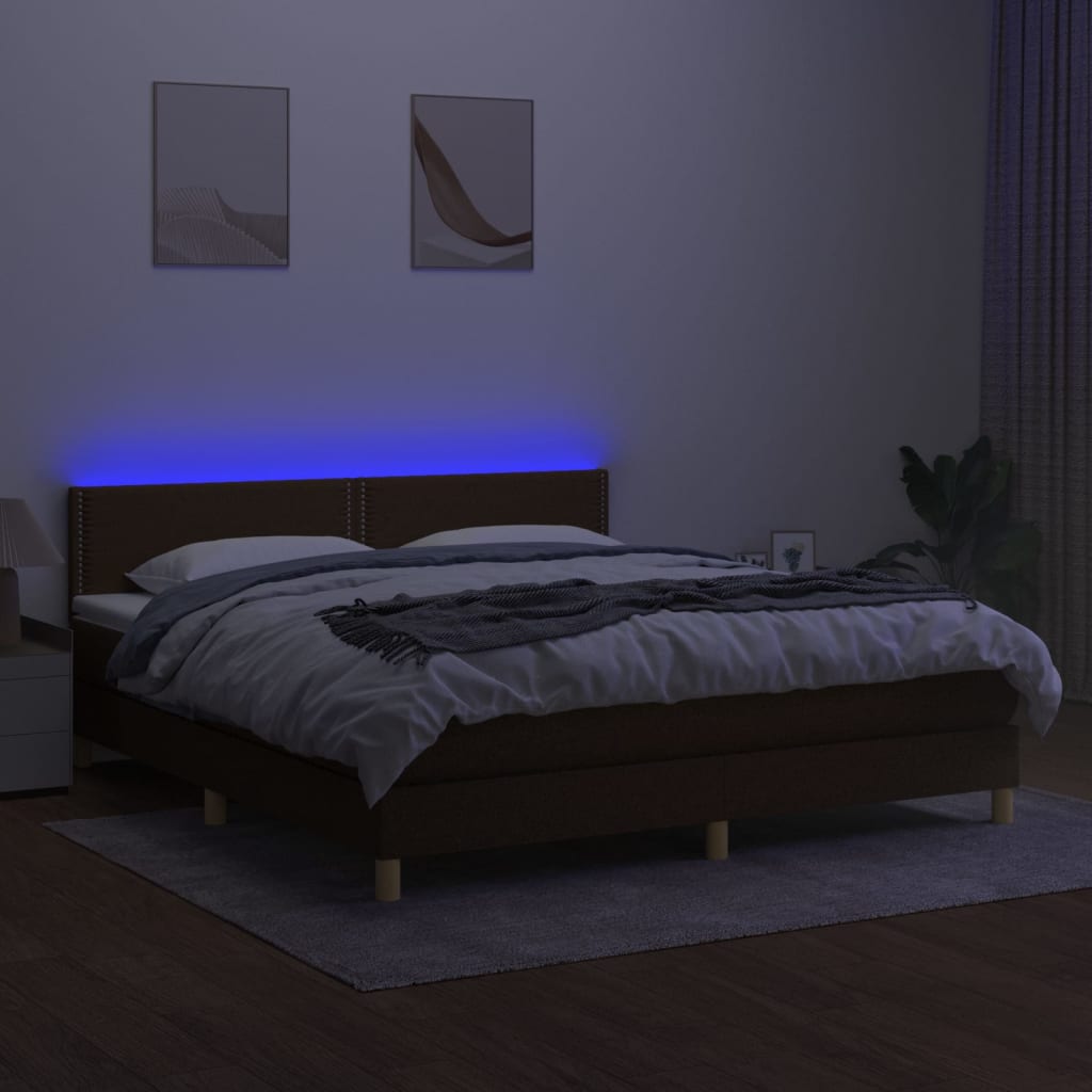 vidaXL Cama box spring con colchón LED tela marrón oscuro 180x200 cm