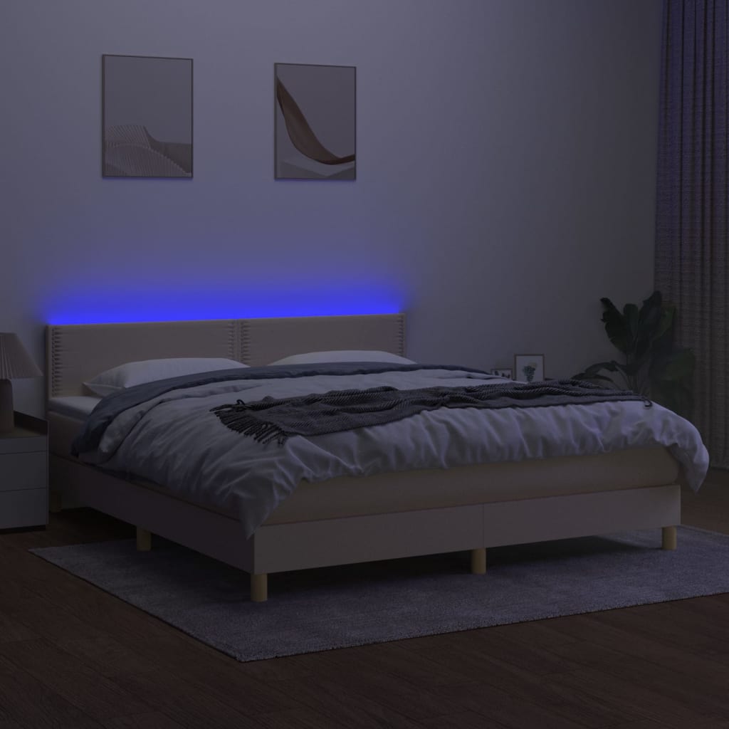 vidaXL Cama box spring con colchón y LED tela crema 180x200 cm