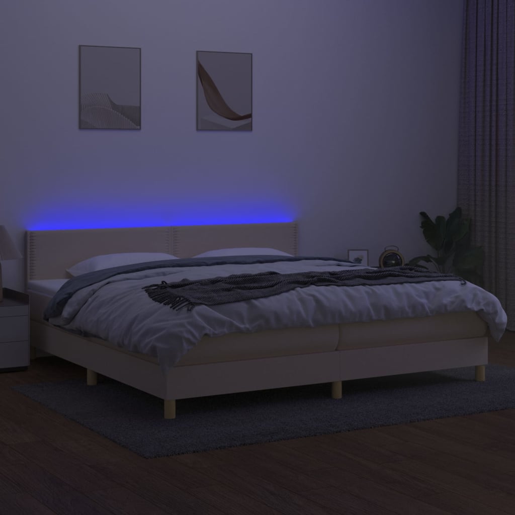 vidaXL Cama box spring con colchón y LED tela crema 200x200 cm