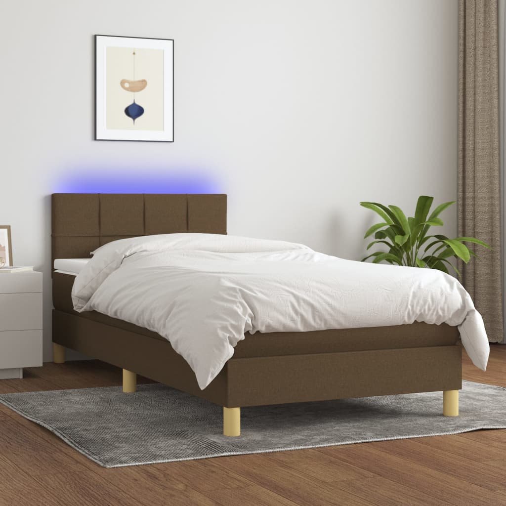 vidaXL Cama box spring con colchón LED tela marrón oscuro 80x200 cm