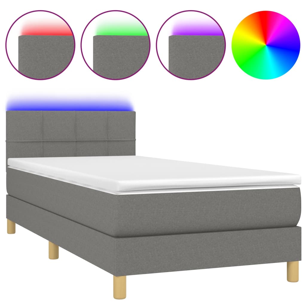 vidaXL Cama box spring con colchón y LED tela gris oscuro 90x190 cm