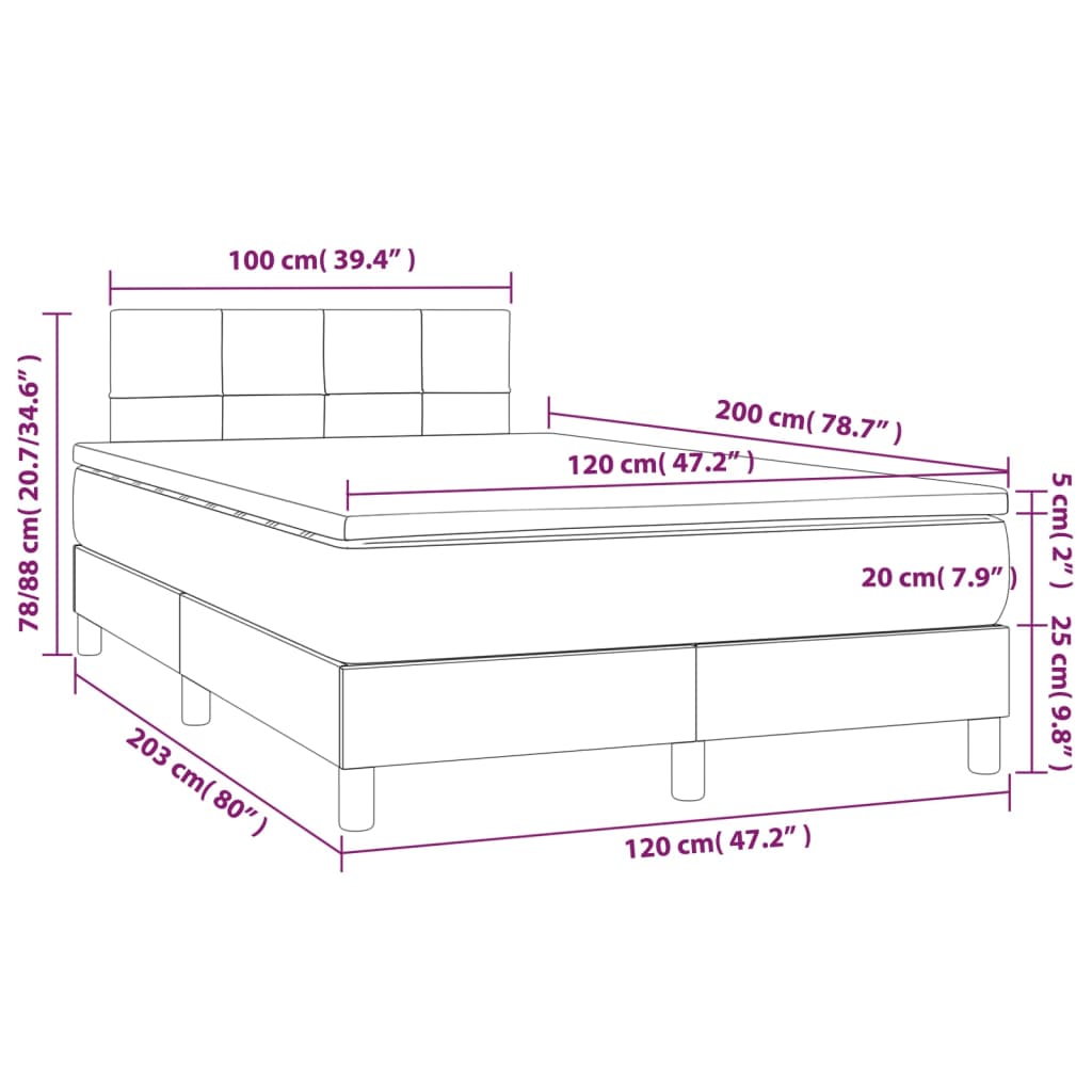 vidaXL Cama box spring con colchón y LED tela marrón oscuro 120x200 cm