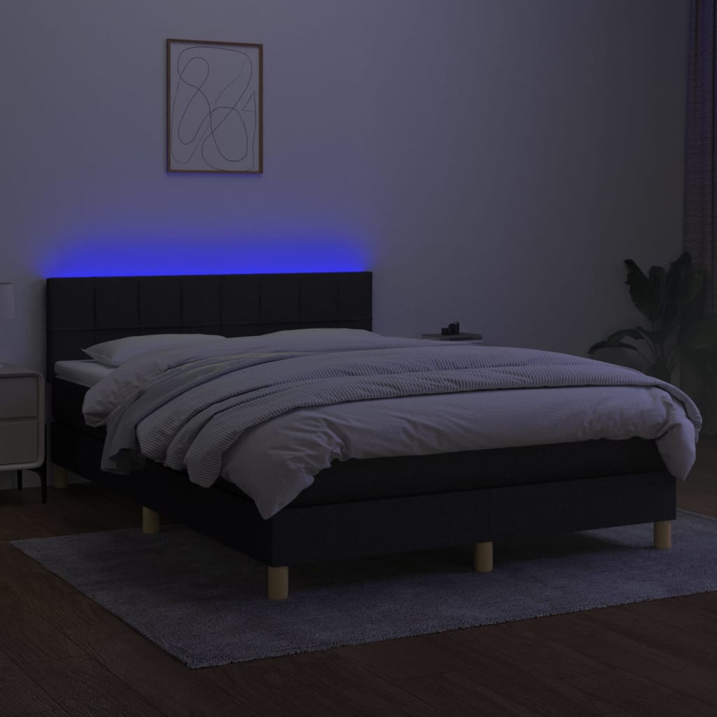 vidaXL Cama box spring colchón y luces LED tela negro 140x190 cm