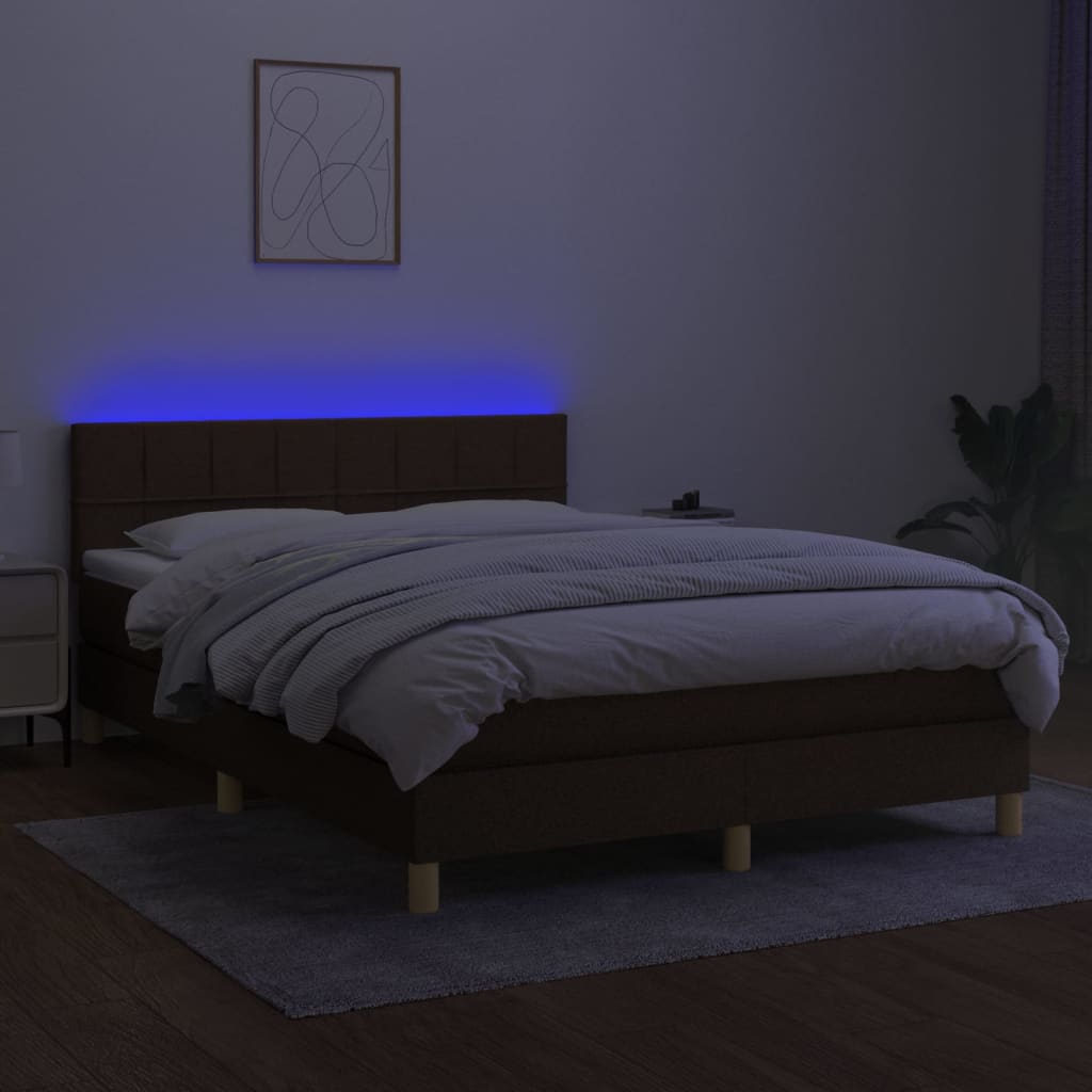 vidaXL Cama box spring colchón luces LED tela marrón oscuro 140x190 cm