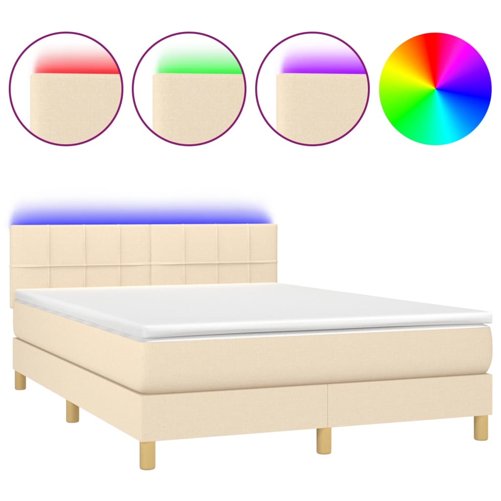 vidaXL Cama box spring colchón y luces LED tela crema 140x190 cm