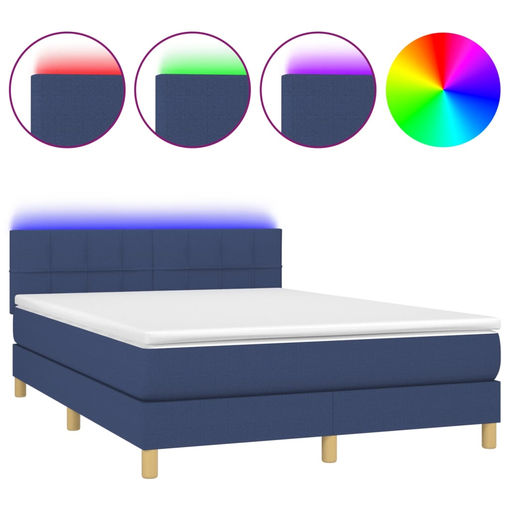 vidaXL Cama box spring colchón y luces LED tela azul 140x190 cm