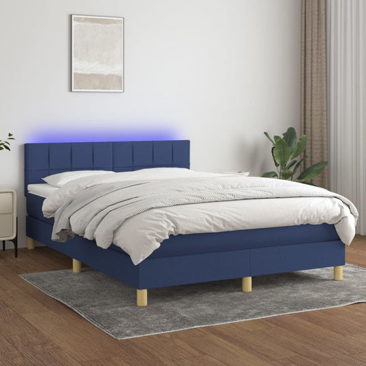 vidaXL Cama box spring colchón y luces LED tela azul 140x190 cm