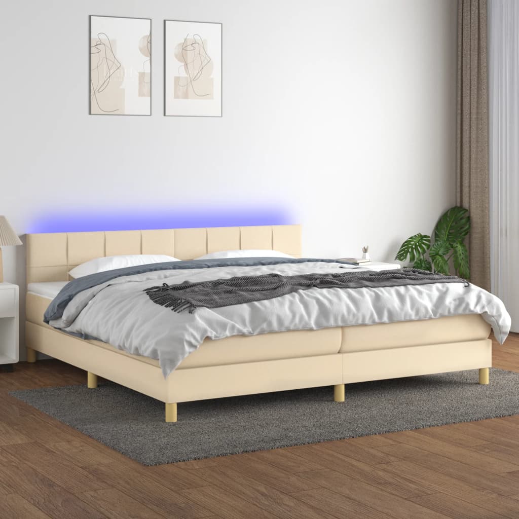 vidaXL Cama box spring con colchón y LED tela crema 200x200 cm